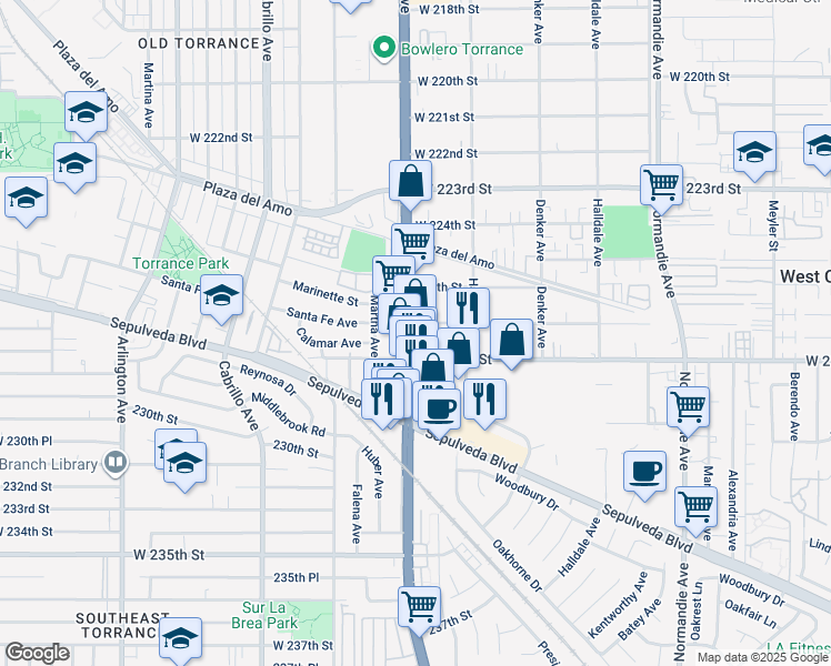 map of restaurants, bars, coffee shops, grocery stores, and more near 1647 West 227th Street in Torrance