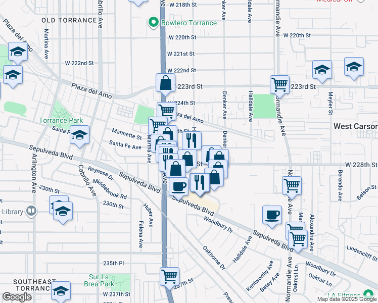 map of restaurants, bars, coffee shops, grocery stores, and more near 1610 West 227th Street in Torrance