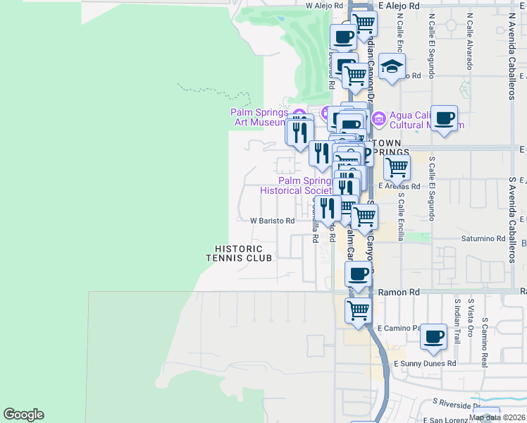 map of restaurants, bars, coffee shops, grocery stores, and more near 221 South Patencio Road in Palm Springs