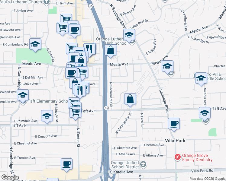 map of restaurants, bars, coffee shops, grocery stores, and more near 1959 North Sacramento Street in Orange