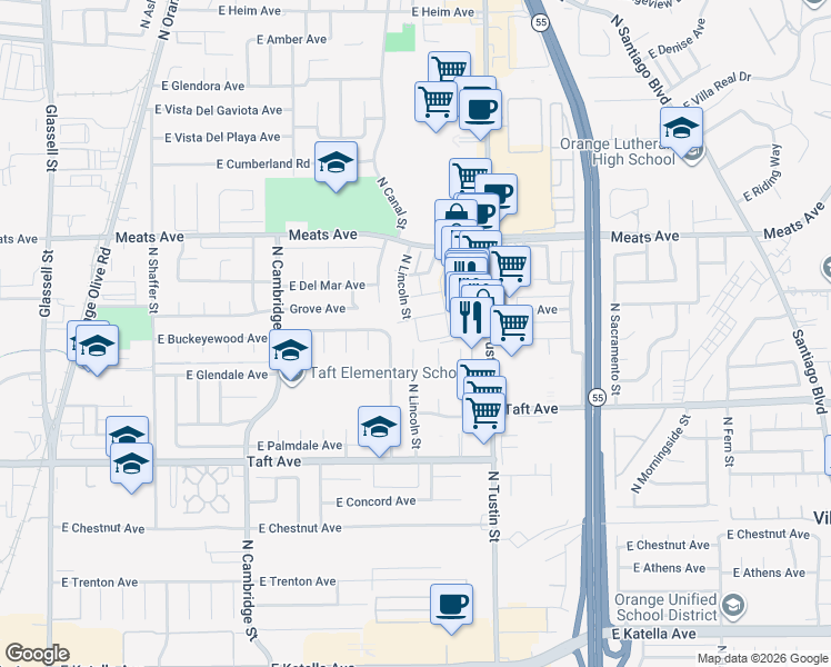 map of restaurants, bars, coffee shops, grocery stores, and more near 1979 North Lincoln Street in Orange