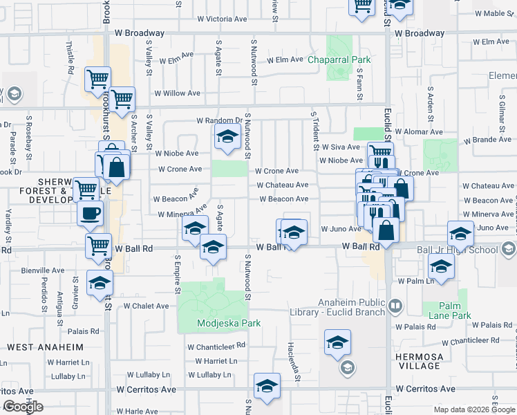 map of restaurants, bars, coffee shops, grocery stores, and more near 1871 West Beacon Avenue in Anaheim