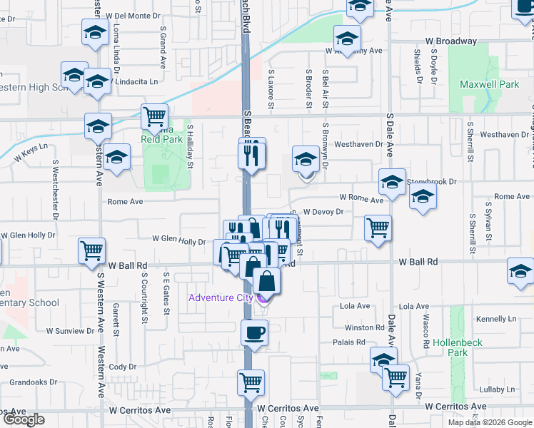 map of restaurants, bars, coffee shops, grocery stores, and more near 2947 West Rome Avenue in Anaheim