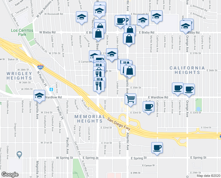 map of restaurants, bars, coffee shops, grocery stores, and more near 3510 Elm Avenue in Long Beach
