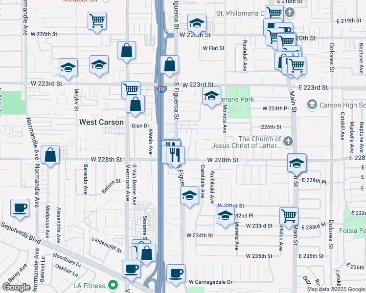 map of restaurants, bars, coffee shops, grocery stores, and more near 22618 South Figueroa Street in Carson