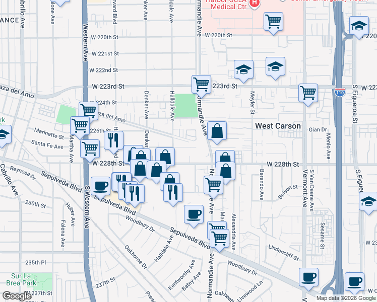 map of restaurants, bars, coffee shops, grocery stores, and more near 1318 West 227th Street in Torrance