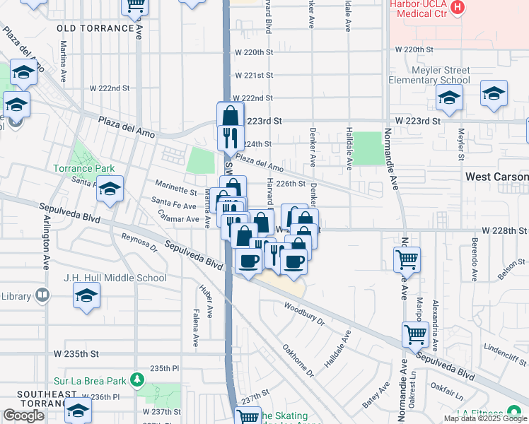 map of restaurants, bars, coffee shops, grocery stores, and more near 1601 West 227th Street in Torrance