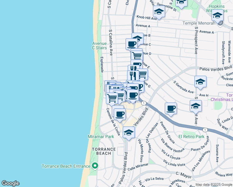 map of restaurants, bars, coffee shops, grocery stores, and more near 205 Avenue H in Redondo Beach