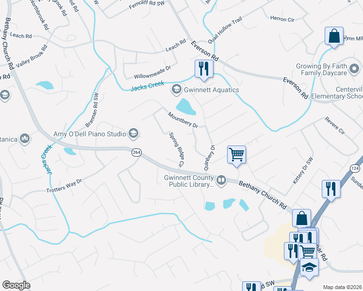 map of restaurants, bars, coffee shops, grocery stores, and more near 2870 Spring Ridge Circle in Snellville
