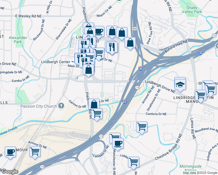 map of restaurants, bars, coffee shops, grocery stores, and more near 2399-2301 East Lindmont Court Northeast in Atlanta