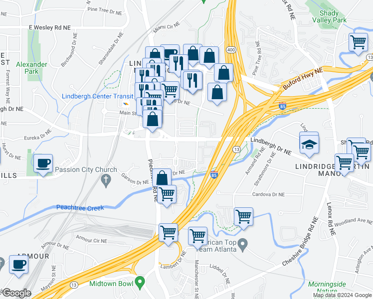 map of restaurants, bars, coffee shops, grocery stores, and more near 2399-2301 East Lindmont Court Northeast in Atlanta