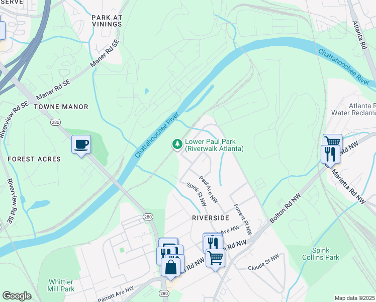 map of restaurants, bars, coffee shops, grocery stores, and more near 2421 Paul Avenue Northwest in Atlanta