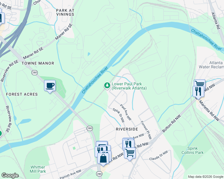 map of restaurants, bars, coffee shops, grocery stores, and more near 2399 Paul Avenue Northwest in Atlanta