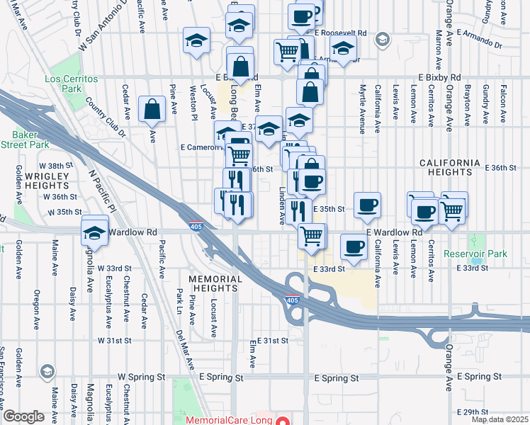 map of restaurants, bars, coffee shops, grocery stores, and more near 3510 Elm Avenue in Long Beach