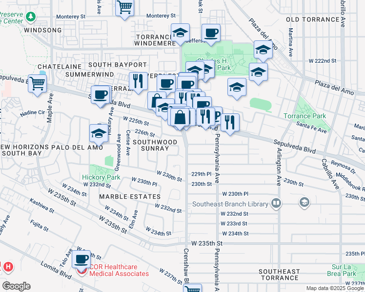 map of restaurants, bars, coffee shops, grocery stores, and more near 22700 Date Avenue in Torrance