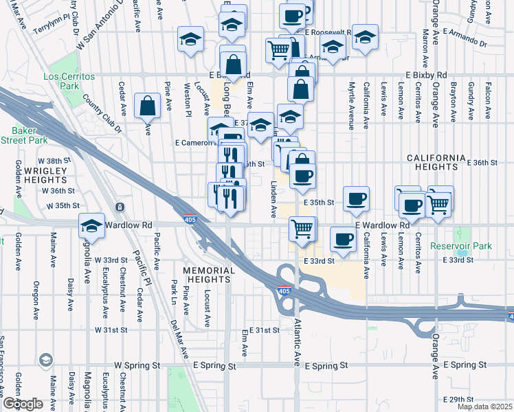 map of restaurants, bars, coffee shops, grocery stores, and more near 3510 Elm Avenue in Long Beach