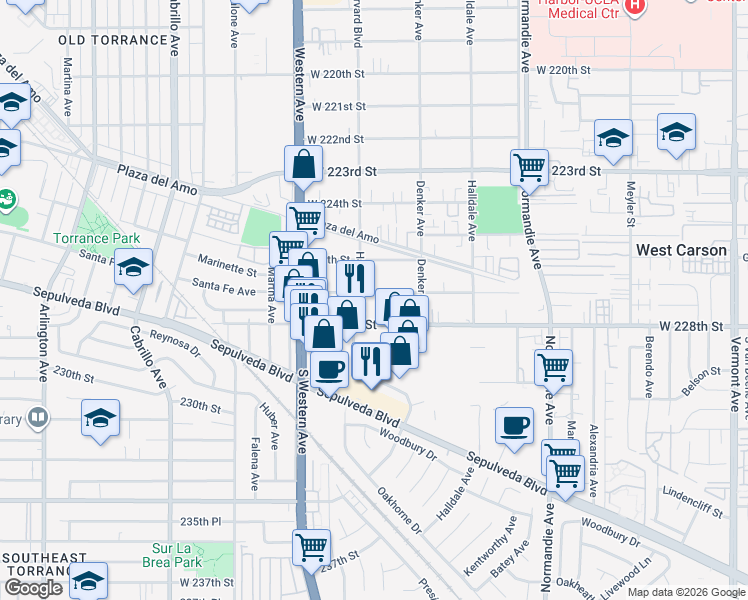 map of restaurants, bars, coffee shops, grocery stores, and more near 1556 West 227th Street in Torrance