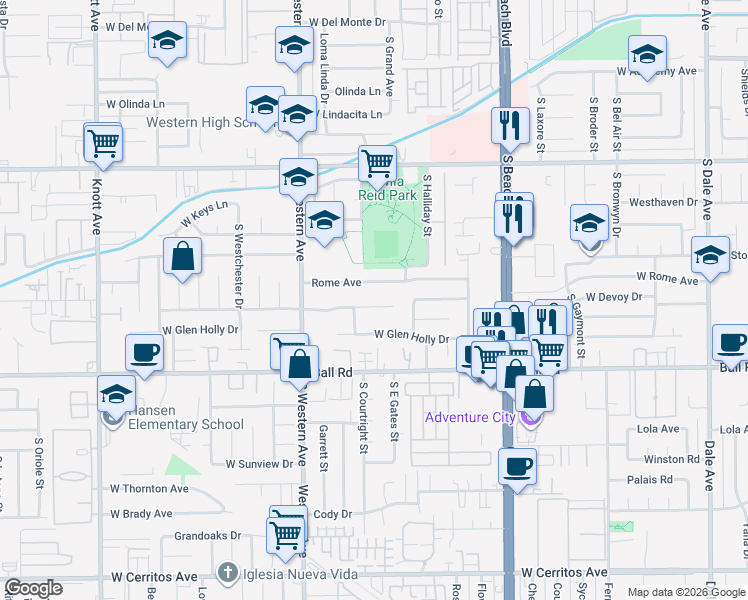 map of restaurants, bars, coffee shops, grocery stores, and more near 3123 West Teranimar Drive in Anaheim
