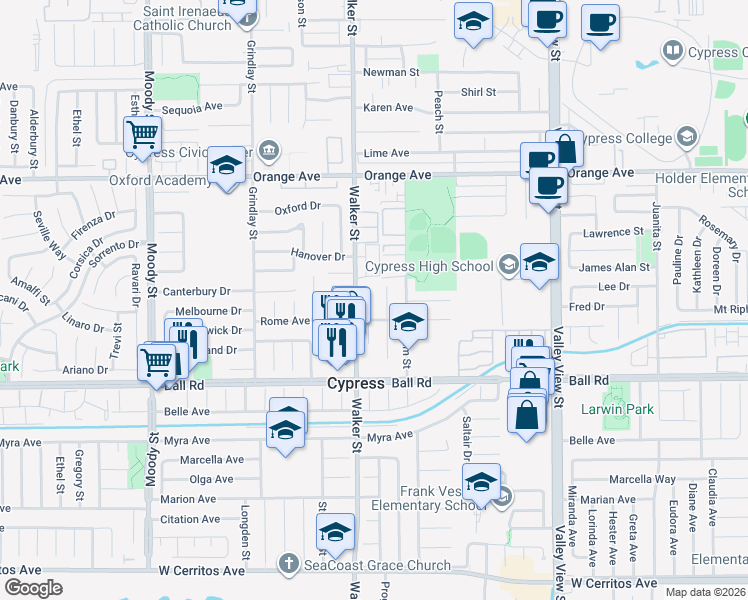 map of restaurants, bars, coffee shops, grocery stores, and more near 9745 Spruce Court in Cypress