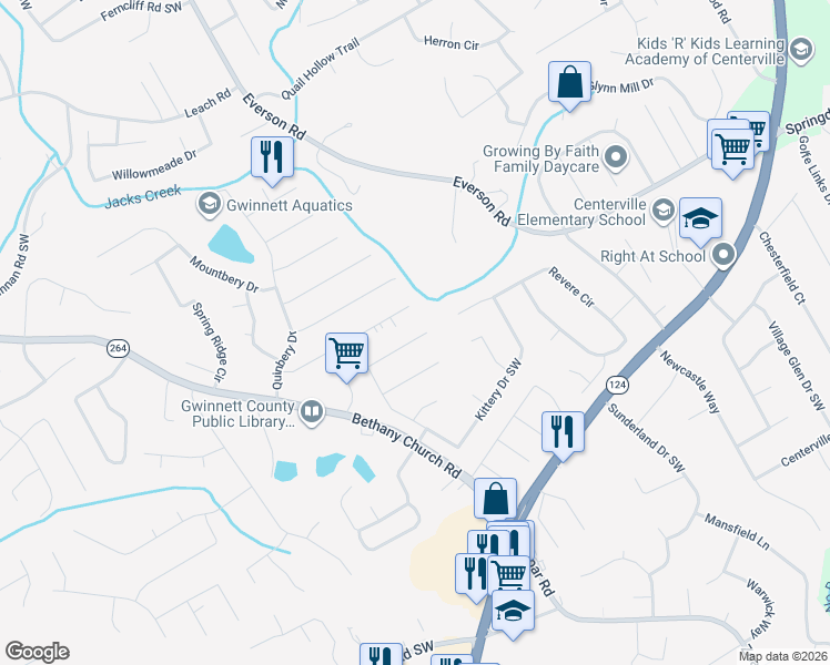 map of restaurants, bars, coffee shops, grocery stores, and more near 3582 Kittery Drive Southwest in Snellville