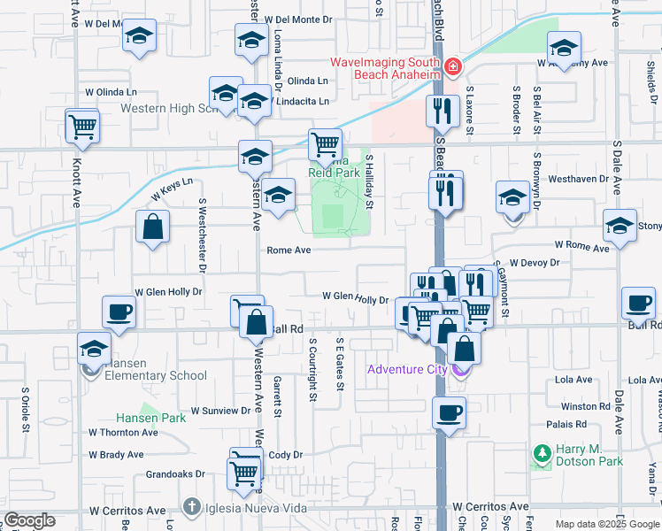 map of restaurants, bars, coffee shops, grocery stores, and more near 3115 West Teranimar Drive in Anaheim