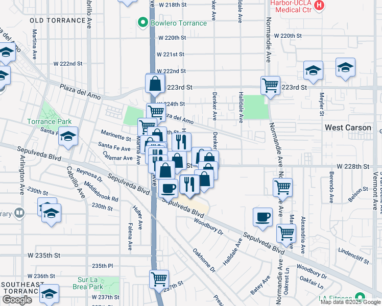 map of restaurants, bars, coffee shops, grocery stores, and more near 1556 West 227th Street in Torrance