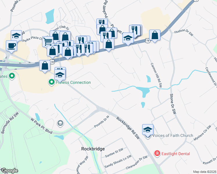map of restaurants, bars, coffee shops, grocery stores, and more near 5131 Vivid Drive Southwest in Stone Mountain