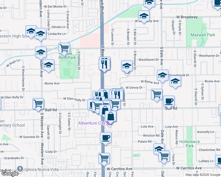 map of restaurants, bars, coffee shops, grocery stores, and more near 2947 West Rome Avenue in Anaheim
