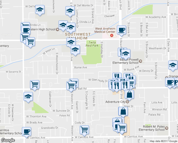 map of restaurants, bars, coffee shops, grocery stores, and more near 3123 West Teranimar Drive in Anaheim