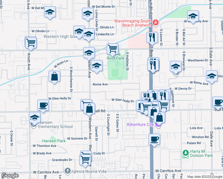 map of restaurants, bars, coffee shops, grocery stores, and more near 3123 West Teranimar Drive in Anaheim