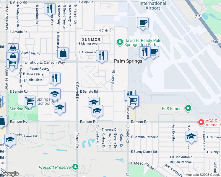 map of restaurants, bars, coffee shops, grocery stores, and more near 697 South Cll Petunia in Palm Springs