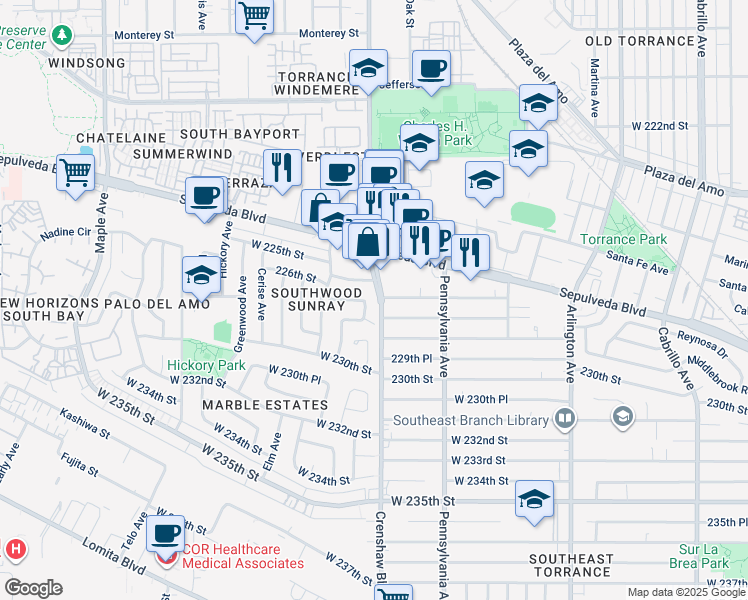 map of restaurants, bars, coffee shops, grocery stores, and more near 22700 Date Avenue in Torrance