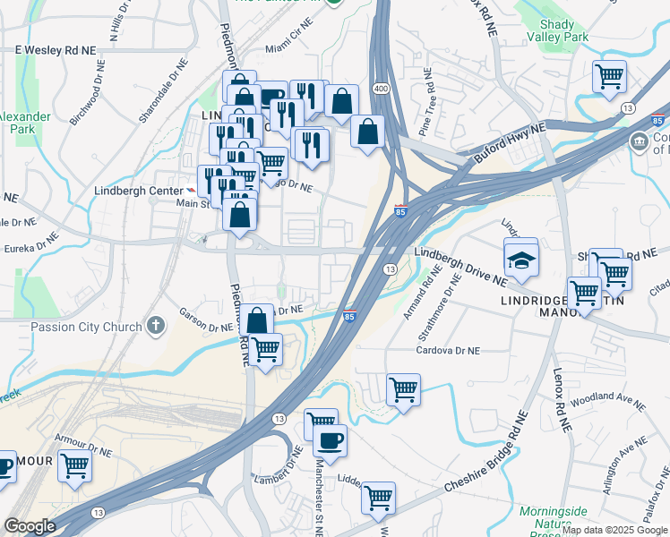 map of restaurants, bars, coffee shops, grocery stores, and more near 771 Lindbergh Drive Northeast in Atlanta