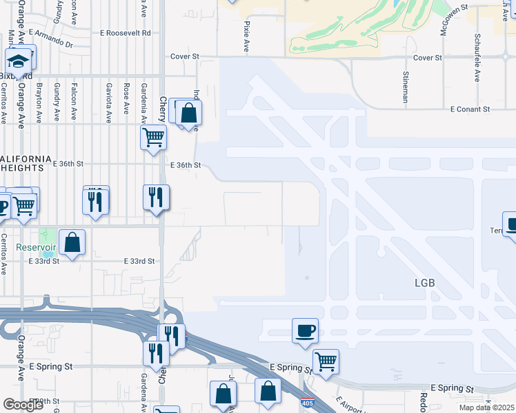 map of restaurants, bars, coffee shops, grocery stores, and more near 2401 East Wardlow Road in Long Beach