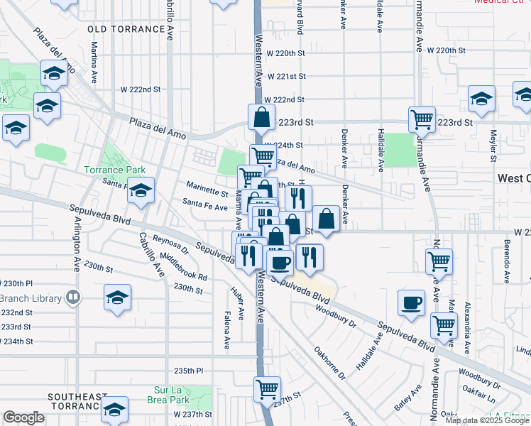 map of restaurants, bars, coffee shops, grocery stores, and more near 22702 South Western Avenue in Torrance