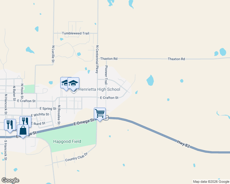 map of restaurants, bars, coffee shops, grocery stores, and more near 2102 Ruffles Lane in Henrietta