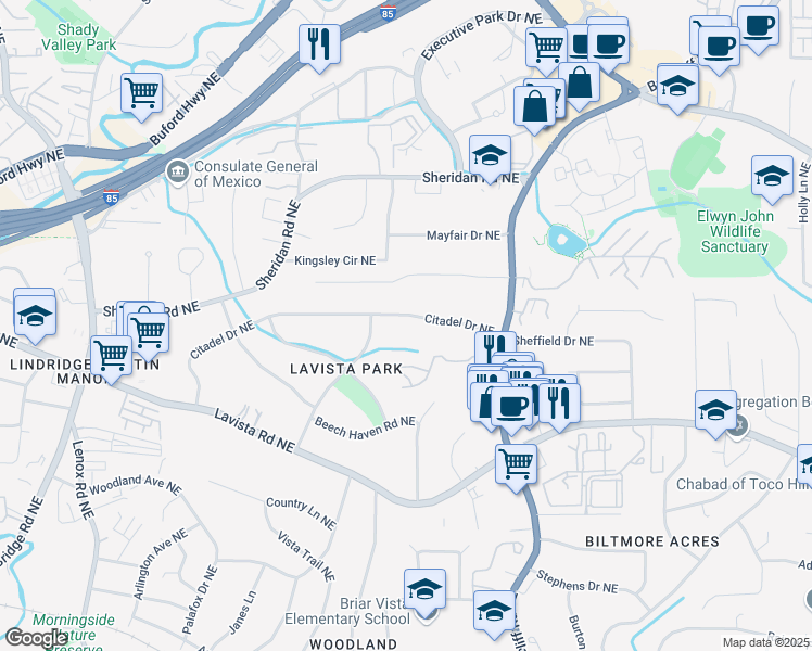 map of restaurants, bars, coffee shops, grocery stores, and more near 1237 Citadel Drive Northeast in Atlanta