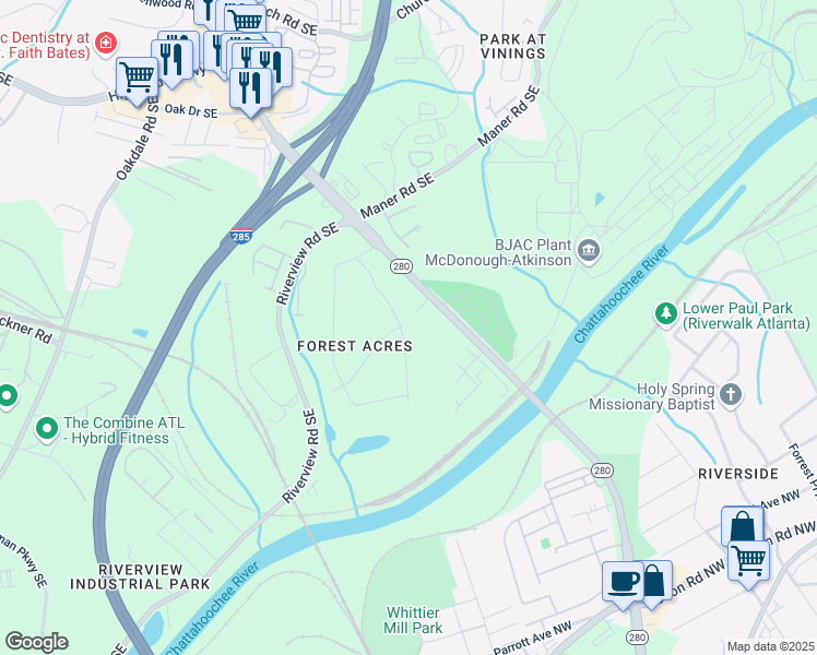 map of restaurants, bars, coffee shops, grocery stores, and more near 2436 Elmwood Circle Southeast in Smyrna