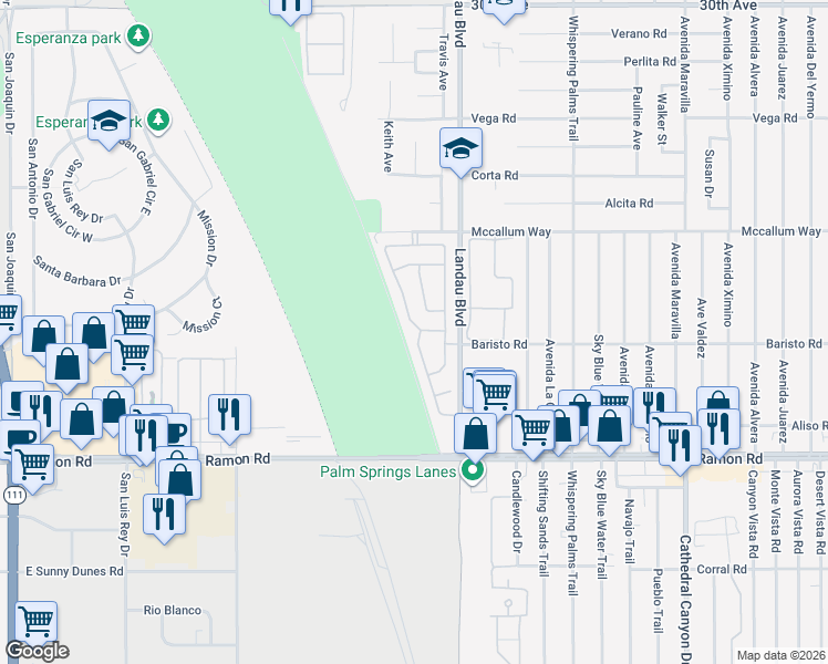 map of restaurants, bars, coffee shops, grocery stores, and more near 31355 Calle Cayuga in Cathedral City