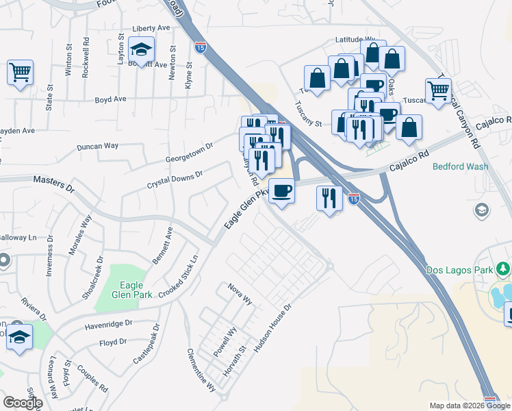 map of restaurants, bars, coffee shops, grocery stores, and more near 3950 Satsuma Lane in Corona