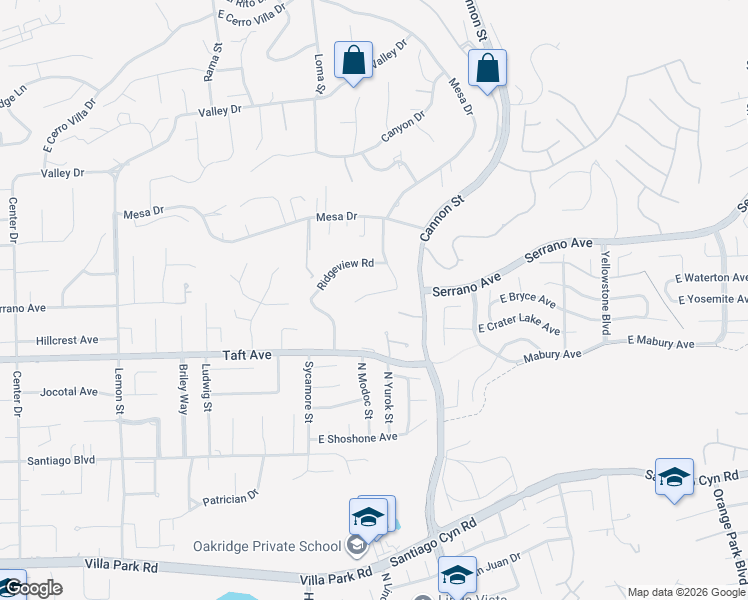 map of restaurants, bars, coffee shops, grocery stores, and more near 9772 Crestview Circle in Villa Park