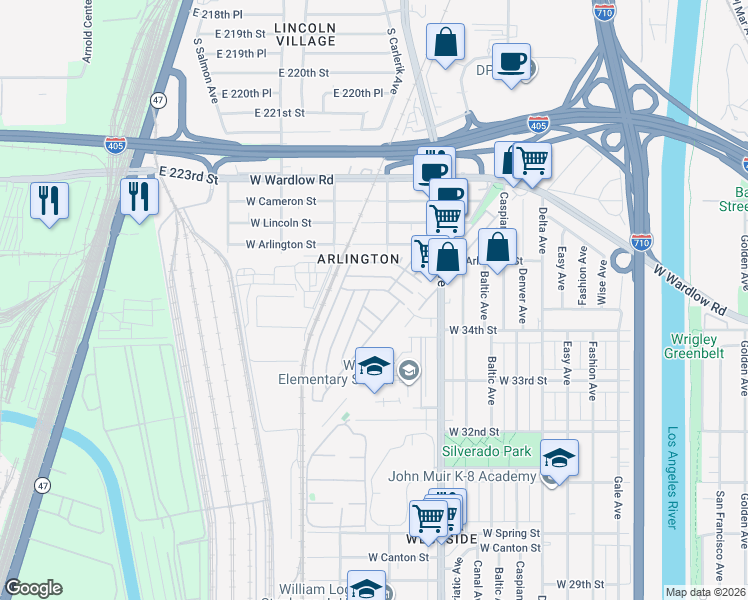 map of restaurants, bars, coffee shops, grocery stores, and more near 3595 Santa Fe Avenue in Long Beach