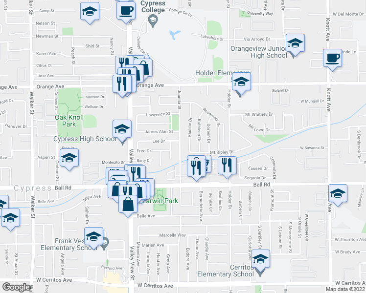 map of restaurants, bars, coffee shops, grocery stores, and more near 9792 Juanita Street in Cypress