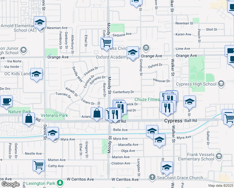 map of restaurants, bars, coffee shops, grocery stores, and more near 5052 Canterbury Drive in Cypress