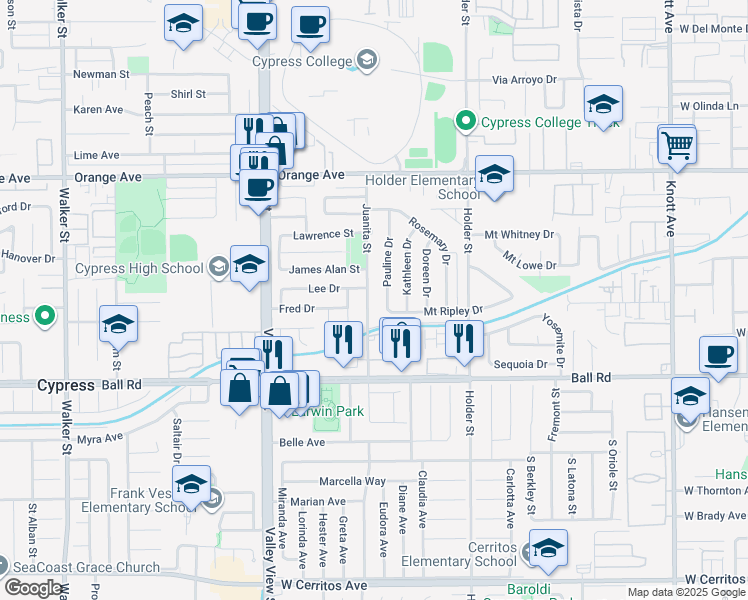 map of restaurants, bars, coffee shops, grocery stores, and more near 9792 Juanita Street in Cypress
