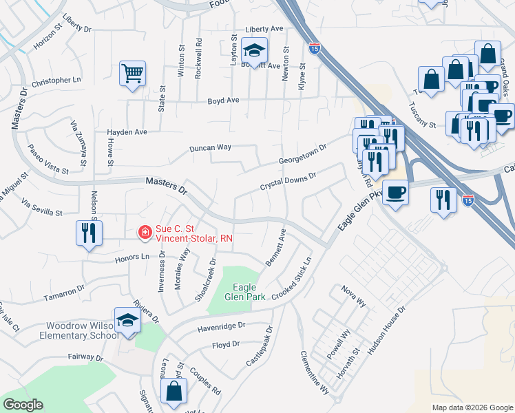 map of restaurants, bars, coffee shops, grocery stores, and more near 3925 Belfry Circle in Corona