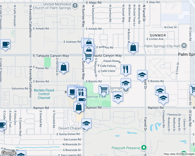 map of restaurants, bars, coffee shops, grocery stores, and more near 1945 East Calle Lileta in Palm Springs