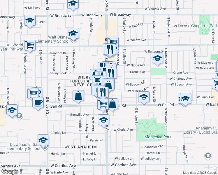 map of restaurants, bars, coffee shops, grocery stores, and more near 888c Brookmore Avenue in Anaheim