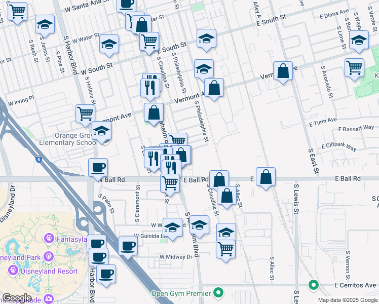 map of restaurants, bars, coffee shops, grocery stores, and more near 204 East Clifton Avenue in Anaheim