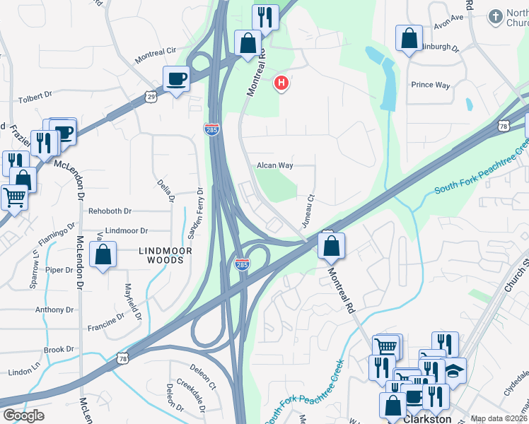 map of restaurants, bars, coffee shops, grocery stores, and more near 1200 Montreal Road in Tucker